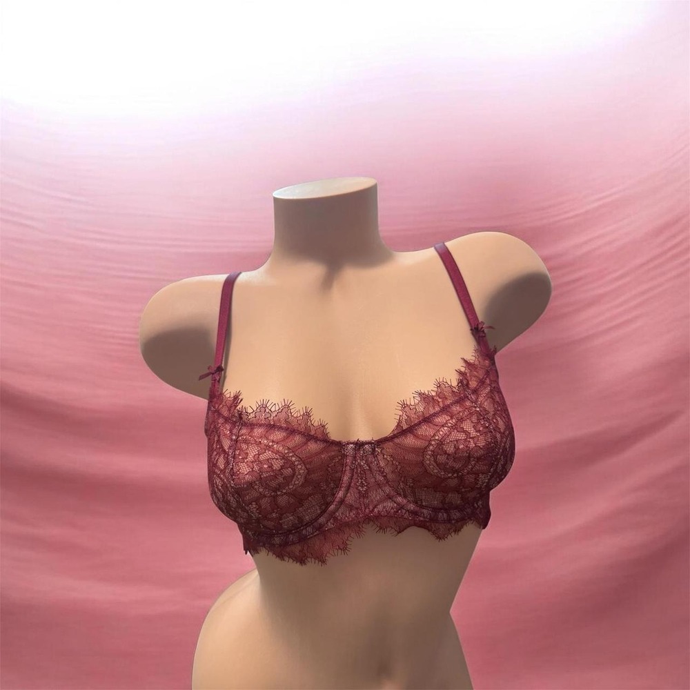 Victorias Secret Burgundy Eyelash Lace Unlined Balconette Bra 32D Underwire